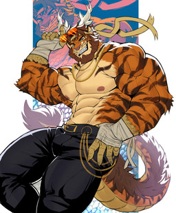 abs accessory anthro armpit_hair aviator_glasses barazoku beard biceps big_muscles biped black_bottomwear black_clothing black_pants body_hair bottomwear chain clothed clothing deltoids ear_piercing eyewear facial_hair flexing forearm_muscles fur glasses gold_(metal) gold_chain gold_jewelry hair hand_wraps headband horn jewelry long_tail male male_anthro muscular muscular_anthro muscular_male nipples orange_body orange_fur pants pecs piercing smile solo stripes tail tiger_dragon topless topless_male whisker_spots wraps o_reowoof reolixious mythology reongzhi dragon eastern_dragon felid hybrid mammal mythological_creature mythological_scalie pantherine scalie tiger 2025 absurd_res hi_res