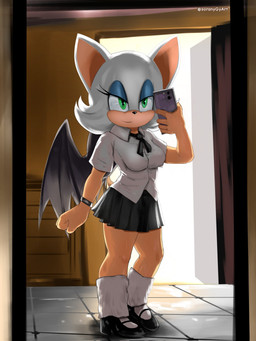 anthro bottomwear breasts cellphone clothing electronics eyelashes eyeshadow female footwear green_eyes makeup membrane_(anatomy) membranous_wings mirror phone school_uniform shirt shoes skirt smartphone smile solo tan_body topwear uniform wings soranygyart sega sonic_the_hedgehog_(series) rouge_the_bat bat mammal 2026 3:4 hi_res