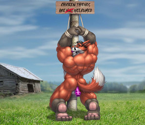 anal anal_penetration anthro ball_gag bdsm big_muscles biped bondage bound building butt cabin detailed_background dildo dipstick_tail feet gag gagged gloves_(marking) grass hindpaw house huge_muscles kneeling leg_markings looking_at_viewer looking_back looking_back_at_viewer male markings muscular muscular_anthro muscular_male muscular_sub outside pawpads paws penetration plant pole rear_view restraints rope rope_bondage sex_toy sky socks_(marking) solo submissive submissive_male tail tail_markings text vein braford canid canine fox mammal