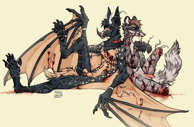 amputation amputee anthro balls barbed_wire blood blood_from_penis bodily_fluids bound cock_and_ball_torture disability duo ear_piercing fluffy furgonomic_piercing furgonomics genital_torture genitals gore gore_focus horn male male/male membrane_(anatomy) membranous_wings nipple_piercing nipples pain penis piercing reclining sitting wings wounded kolkolukija nick_(dudeg) bat mammal procyonid raccoon hi_res