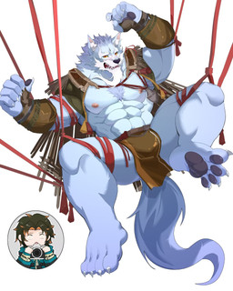 4_toes 5_fingers abs anthro beard black_nose black_pawpads blue_body blue_fur bottomwear camera chest_tuft claws clothing duo eyebrows facial_hair feet fingers fur handpads highlights_(coloring) inner_ear_fluff loincloth male male/male navel nipples orange_eyes pawpads pink_inner_ear simple_background star_eyes toes tuft white_background white_inner_ear_fluff yellow_sclera sdorica law_(sdorica) canid canine canis human mammal wolf 4:5 hi_res