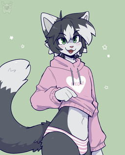 anthro blush bottomwear bulge cheek_tuft clothed clothing clothing_lift dipstick_tail facial_tuft femboy fur green_eyes grey_body grey_fur grey_hair hair hoodie hoodie_lift male markings multicolored_body multicolored_fur multicolored_hair null_bulge open_mouth panties pantsless pattern_bottomwear pattern_clothing pattern_panties pattern_underwear pink_clothing pink_hoodie pink_nose pink_topwear short_hair simple_background solo striped_bottomwear striped_clothing striped_panties striped_underwear stripes tail tail_markings topwear tuft two_tone_body two_tone_fur two_tone_hair underwear white_body white_fur white_hair fleurfurr domestic_cat felid feline felis mammal cel_shading colored colored_sketch digital_drawing_(artwork) digital_media_(artwork) hi_res shaded sketch