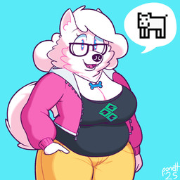 anthro big_breasts breasts cleavage clothed clothing eyewear female fur glasses hand_in_pocket jacket jewelry looking_at_viewer necklace overweight overweight_anthro overweight_female pink_clothing pink_jacket pink_topwear pockets simple_background solo speech_bubble topwear wearing_glasses white_body white_fur fluffygirlfriend gaogaigar_(series) bobby_(fluffy_gf) canid canine canis domestic_dog mammal nordic_sled_dog samoyed spitz 1:1 hi_res trans_(lore) trans_woman_(lore)