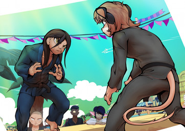 5_fingers anthro barefoot beach biped black_clothing black_ears black_eyebrows black_hair black_topwear blue_bottomwear blue_clothing blue_eyes blue_hair blue_nose blue_pants blue_topwear bottomwear brown_body brown_hair brown_inner_ear brown_skin closed_frown clothed clothed_anthro clothed_human clothed_male clothing cloud countershade_face countershading crowd day duo_focus eye_contact eye_through_hair eyebrow_through_hair eyebrows feet fight fighting_pose fighting_ring fingernails fingers frown fully_clothed fully_clothed_anthro fully_clothed_human fully_clothed_male fur glare grey_body grey_bottomwear grey_clothing grey_pants grey_topwear group hair humanoid_hands iris keikogi light_body light_skin long_hair looking_at_another male male_anthro male_human martial_arts_uniform monotone_body monotone_bottomwear monotone_clothing monotone_hair monotone_pants monotone_skin monotone_topwear mouth_closed multicolored_body multicolored_fur nails outside palm_tree pants pink_body pink_fur pink_inner_ear pink_nose pink_tail plant plantigrade pointy_ears pose pupils raised_heel short_hair sky sportswear standing tail tan_body tan_skin teal_sky toenails toes topwear translucent translucent_hair tree white_body white_clothing white_countershading white_eyes white_fur white_sclera white_topwear yellow_eyes vonboche human mammal mouse murid murine rodent hi_res