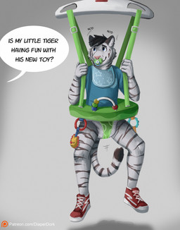 ageplay anthro baby_bouncer babying bib black_body black_fur clean_diaper clothed clothing dialogue diaper footwear fur grey_background infantilism male nodding object_in_mouth pacifier pacifier_in_mouth roleplay shirt shoes simple_background solo speech_bubble striped_body striped_fur stripes text topwear wearing_diaper white_body white_fur diaperdork felid mammal pantherine tiger english_text hi_res