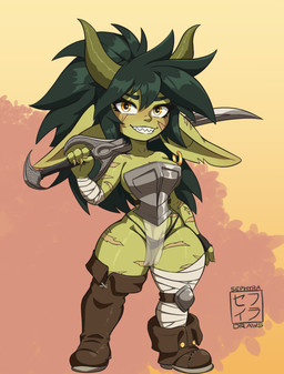 armor boots breastplate clothing dungeon facial_scar fantasy female fingerless_gloves floppy_ears footwear gloves grin grinning_at_viewer hair handwear horn knee_pads leg_scar long_ears long_hair melee_weapon messy_hair mismatched_shoes scar scars_all_over sharp_teeth shoes smile smiling_at_viewer solo sword teeth thigh_scar thong underwear weapon wide_hipped_female wide_hips wrapped_arms wrapped_legs wrappings sephyra fan_character rox_the_goblin goblin humanoid absurd_res hi_res
