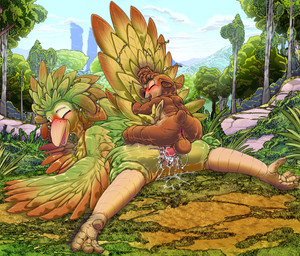 4_toes anthro anthro_on_feral anthro_penetrating anthro_penetrating_feral anus balls beak bestiality biped bird_legs blue_sky bodily_fluids brown_balls brown_body brown_ears brown_fur brown_hair brown_nose brown_tail butt cloud cum cum_from_vagina cum_in_vagina cum_inside cum_splatter cum_string day detailed_background duo ears_down ejaculation erection eyelashes eyes_closed feathered_tail feathers feet female female_feral female_penetrated feral feral_penetrated from_behind_position fur genital_fluids genitals grass hair holding_tail interspecies larger_female larger_feral larger_penetrated lying male male/female male_anthro male_penetrating male_penetrating_female nature on_front on_grass on_ground open_beak open_mouth orange_body orange_tail orgasm orgasm_face outside outside_sex penetration penile penile_penetration penis penis_in_vagina perching_position pink_vulva pivoted_ears plant raised_tail rear_view red_penis red_tongue rock sex size_difference sky small_tail smaller_anthro smaller_male smile snout spread_legs spreading tail tan_beak teeth toes tongue tree vaginal vaginal_fluids vaginal_fluids_on_penis vaginal_fluids_on_vulva vaginal_penetration vulva white_clouds winged_arms wings yellow_body yellow_tail kitsune_youkai swapped_(movie) ivy_(swapped) ollie_(swapped) avian javan_(species) mammal mustelid pookoo 2026 digital_media_(artwork)