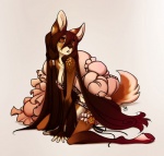 accessory anthro bare_shoulders barefoot big_ears biped breasts cleavage clothed clothing corset feet female fur garter hair hooves kneeling lingerie long_hair markings panties solo spots spotted_body spotted_fur tail topwear underwear redbeanviolin deer mammal