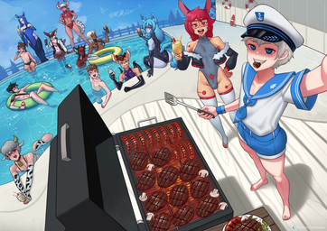 armwear barbecue bikini burger clothed clothing cooking elbow_gloves female food fungus gloves grill grilling group hair handwear hot_dog inflatable inner_tube legwear male mushroom one-piece_swimsuit pool_party poolside smile spatula swimming_pool swimwear thigh_highs tools two-piece_swimsuit zipsha mythology jason_ijaat_(jason118) maxor_majors canid canine canis dinosaur dragon elf fennec_fox fox human humanoid hybrid lagomorph leporid mammal mythological_creature mythological_scalie prehistoric_species rabbit reptile scalie true_fox wolf absurd_res digital_media_(artwork) hi_res
