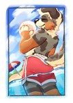 anthro ball beach black_nose blonde_hair border bottomwear brown_body brown_fur button_ears clothed clothing cute_fangs diaper diaper_peekage diaper_under_clothing dolphin_shorts eyes_closed fangs floppy_ears fur furgonomics hair holding_ball holding_object male mottled mottled_body mottled_fur multicolored_body multicolored_fur orange_body orange_fur outside parasol partially_submerged piebald piebald_body piebald_fur red_bottomwear red_clothing red_shorts seaside shorts solo standing tan_body tan_fur teeth topless wearing_diaper wet cookiebandit casper_(cookiebandit) canid canine canis domestic_dog mammal 2024 colored hi_res shaded