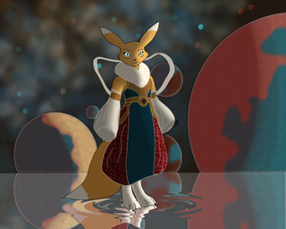 abstract_background anthro armwear asian_clothing belt black_sclera blue_eyes chinese_clothing clothed clothing detached_sleeves digitigrade dress east_asian_clothing female fluffy fluffy_tail fur fur_collar glistening hanfu long_ears looking_at_viewer nebula neck_tuft oriental_clothing planet pointy_ears reflection ribbons ripple smile solo space standing_on_water star tail tuft water water_reflection white_body white_fur yellow_body yellow_fur daetoyin bandai_namco digimon digimon_(species) renamon 5:4 digital_media_(artwork) hi_res shaded signature