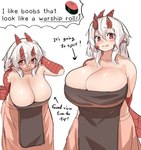 absurd_res breasts dragon english_text female food hi_res horn humanoid kagarimachi_ame mythological_creature mythological_scalie mythology red_eyes scales scalie solo sushi text