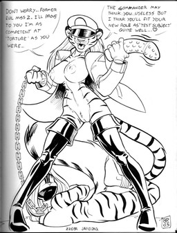 anthro big_breasts boots bound breasts captured chain clothing dildo dominant duo fangs female footwear fur genitals gloves handwear hat headgear headwear heart_symbol looking_up navel nipples open_mouth rope sex_toy shoes simple_background speech_bubble striped_body striped_fur stripes teeth text tongue vulva white_background worried max_blackrabbit jayashri zig_zag felid mammal mephitid pantherine skunk tiger 2005 black_and_white english_text greyscale monochrome traditional_media_(artwork) watermark