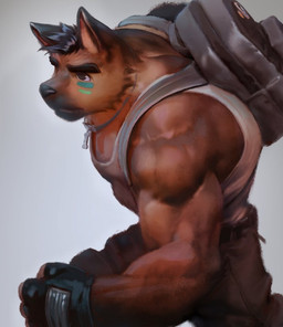 anthro backpack biceps black_nose bodypaint bottomwear brown_body brown_eyes brown_fur clothed clothing eyebrows face_paint fingerless_gloves fur gloves handwear jewelry male muscular muscular_anthro muscular_male necklace pants shirt simple_background solo tank_top topwear triceps white_clothing white_topwear uleezoo canid canine canis domestic_dog german_shepherd herding_dog mammal pastoral_dog 2018 digital_media_(artwork)