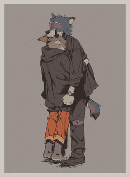 anthro antlers barefoot biped border bottomwear cigarette cigarette_in_mouth clock clothed clothed_anthro clothed_male clothing duo eyes_closed feet footwear fully_clothed fully_clothed_anthro fully_clothed_male grey_clothing grey_hoodie grey_jacket grey_topwear hoodie horn hug hugging_another interspecies jacket larger_male male male/male male_anthro object_in_mouth orange_border orange_bottomwear orange_clothing orange_pants pants plantigrade raised_heel shoeless shoes simple_background size_difference smaller_male smile sneakers standing tail topwear torn_bottomwear torn_clothing torn_pants watch wristwatch h0lycr0w canid canine canis jackalope lagomorph mammal wolf english_description