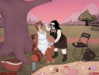 alternative_fashion anthro applying_makeup boots bottomwear clothed clothing crossdressing dress duo erection erection_under_clothing erection_under_skirt female footwear forest_background goth jewelry lipstick makeup male male/female mountain_range necklace park personal_grooming picnic plant shoes skirt tree achromasloth ludd vicky_(lazzzy_drawings) mammal pilosan procyonid raccoon sloth xenarthran absurd_res hi_res