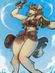 anthro beach big_breasts blonde_hair blush breasts clothed clothing crop_top female fur genitals hair heterochromia male partially_clothed seaside shirt simple_background sky solo tail topwear towel vulva white_body white_fur keuejay marta_moran canid canine canis domestic_dog mammal 3:4 hi_res