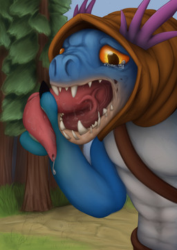 anthro bodily_fluids genital_fluids genitals hood male open_mouth penis penis_tongue precum solo tapering_penis tears unusual_anatomy unusual_genitalia_placement unusual_penis_placement 4yd0_yctahobka dota valve valve_corporation slark_the_nightcrawler aquatic fish 2025 absurd_res hi_res portrait