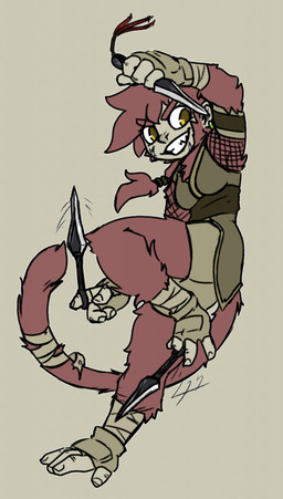 anthro bandage breasts clenched_teeth clothed clothing fangs feet female fluffy fluffy_tail fur kunai open_mouth open_smile prehensile_feet red_body red_fur scar simple_background smile solo tail teeth toes weapon yellow_eyes hijackerdraws haplorhine mammal monkey primate hi_res