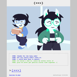 anthro belt black_hair bottomwear box buckteeth cardboard cardboard_box clothed clothed_female clothing comic_panel container crop_top denim denim_bottomwear denim_clothing dialogue duo eyewear female footwear glasses gynomorph hair intersex jacket jeans lipstick long_hair makeup pants ponytail shirt shoes short_hair sneakers sweater tail tail_motion tailwag teeth text topwear white_body ashleyorange homestuck ms_paint_adventures jade_harley june_egbert canid canine human humanoid hybrid mammal 1:1 2_frame_animation animated animated_comic comic hi_res sibling_(lore) sister_(lore) sisters_(lore) trans_(lore) trans_woman_(lore)