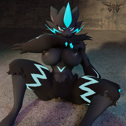 angry anthro areola big_breasts bioluminescence black_areola black_body black_fur black_nipples blue_markings breasts concrete female fur genitals glowing markings nipples outside pokemorph sitting small_waist solo spread_legs spreading vulva wiping_mouth phrostbite nintendo pokemon eve_the_zeraora generation_9_pokemon legendary_pokemon mega_zeraora pokemon_(species) 1:1 3d_(artwork) absurd_res digital_media_(artwork) hi_res