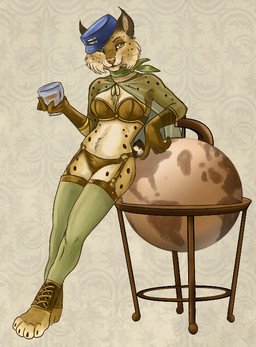alternative_fashion anthro clothing female glass globe hat headgear headwear holding_glass holding_object kerchief legwear lingerie midriff neckerchief neckwear smile solo steampunk stockings underwear caribou_(artist) barbara_(rebelsqurl) bobcat felid feline lynx mammal 2020 digital_media_(artwork)