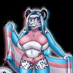 anthro big_breasts breasts clothed clothing eyewear felid female flag fully_clothed glasses hair highlights_(coloring) jewelry lgbt_pride mammal medicatedcannibal midriff pantherine pendant pride_colors silver_hair snow_leopard solo titania_(chromatic_bard) trans_(lore) trans_woman_(lore) transgender_pride_colors