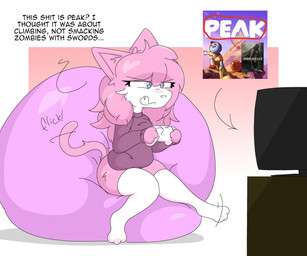 anthro bean_bag blue_eyes breasts clothing controller countershade_face countershading dialogue electronics fangs female fur game_controller hair legwear monitor pink_body pink_fur pink_hair profanity sitting small_breasts solo sweater teeth television text thick_thighs thigh_highs topwear turtleneck white_body white_fur guzzlord420 dark_souls fromsoftware peak_(videogame) vg_cats aeris_(vg_cats) domestic_cat felid feline felis mammal 2025 digital_drawing_(artwork) digital_media_(artwork) english_text hi_res
