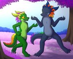 anthro duo female male nude outside purple_grass purple_tree walking yellow_eyes w0lfmare beryl_the_gembold corundum_the_gembold gembold kobold scalie 2021 hi_res brother_(lore) brother_and_sister_(lore) sibling_(lore) sister_(lore)