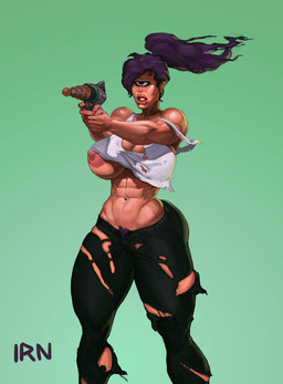 1_eye abs areola big_areola big_breasts big_butt breasts butt cleavage clothed clothing exposed_breasts female gun hair lips muscular muscular_female navel nipple_slip nipples pubes purple_hair ranged_weapon shirt solo tank_top thick_thighs topwear torn_clothing weapon wide_hips irn comedy_central futurama turanga_leela cyclops humanoid absurd_res hi_res portrait three-quarter_portrait
