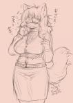 2020 4_fingers anthro big_breasts breasts clothed clothing eyewear felid feline female fingers fluffy fluffy_tail glasses hair japanese_text kemono kiichi long_hair mammal mask mature_anthro mature_female monochrome sketch solo standing tail text