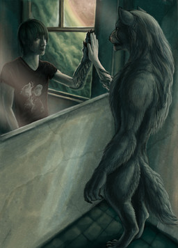 anthro claws clothing duo fur hair inside male mirror shirt standing t-shirt topwear transformation window viergacht mythology canid canine human mammal mythological_canine mythological_creature werecanid werecanine werecreature werewolf 2010