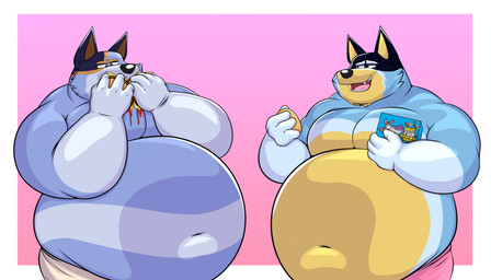 4_fingers anthro belly big_belly blue_body blue_fur cereal_box duo eating eating_food fingers fur looking_at_another male mascot open_mouth overweight overweight_anthro overweight_male pecs pink_background pink_tongue simple_background teeth three_frame_sequence tongue weight_gain eddiefragoso bluey_(series) cookie_crisp general_mills bandit_heeler chip_the_wolf stripe_heeler australian_cattle_dog canid canine canis cattledog domestic_dog herding_dog mammal pastoral_dog 7:4 absurd_res half-length_portrait hi_res portrait