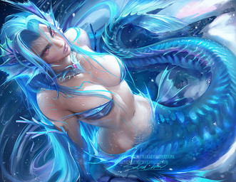 anthro blue_body blue_hair blue_scales female fin fish_tail hair head_fin ice jewelry necklace pink_eyes scales sitting snow solo split_form water sakimichan aquatic merfolk
