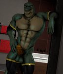 anthro armwear balls blue_eyes clothing erection genitals leaning legwear looking_at_viewer male muscular muscular_anthro muscular_male penis rings_on_arms rings_on_legs solo lizard reptile scalie 3d_(artwork) digital_media_(artwork) source_filmmaker_(artwork)