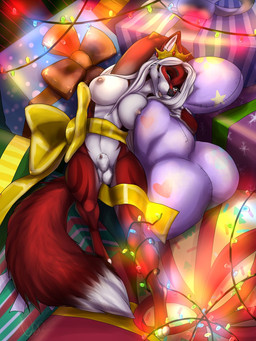 animal_genitalia anthro areola balls big_breasts biped box breasts container crown fur genitals gift grey_eyes gynomorph hair headgear holidays intersex lights long_hair looking_at_viewer lying nipples nude on_back one_eye_closed pillow pink_nipples red_body red_fur ribbons sheath smile solo stripes teeth tongue tongue_out white_body white_fur white_hair wink omesore christmas canid canine mammal 2016 3:4 digital_media_(artwork) hi_res shaded