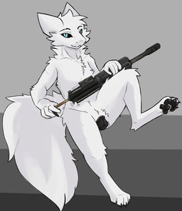 4_fingers 4_toes animal_genitalia animal_vulva anthro bedroom_eyes black_pawpads black_sclera black_vulva blue_eyes canine_genitalia canine_vulva claws digitigrade feet female fingers fluffy fluffy_tail fur genitals gun looking_at_viewer narrowed_eyes nude pawpads paws presenting presenting_vulva ranged_weapon rifle seductive simple_background sitting solo tail toes vulva weapon white_body white_fur envoyager casualties:_unknown gunsaw canid canine gunsawian mammal milky_(gunsawian) digital_media_(artwork) hi_res