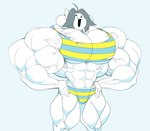 anthro big_muscles breasts clothed clothing female hair huge_muscles hyper hyper_muscles muscular muscular_female open_mouth simple_background smile topwear white_body ramudey undertale undertale_(series) temmie_(undertale) canid canine felid feline mammal tem