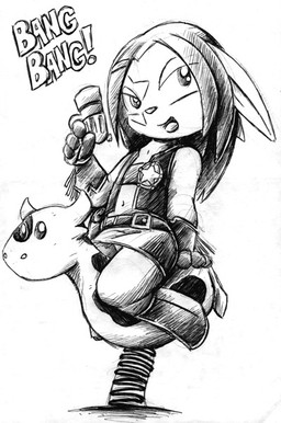 anthro female gun holding_gun holding_object holding_ranged_weapon holding_weapon loli markings ranged_weapon riding sheriff solo spring_(device) star_(marking) straddling weapon wild_west young young_anthro young_female drake_fenwick mae_(paige) bovid bovine cattle lagomorph leporid mammal rabbit black_and_white monochrome