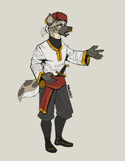 anthro boots clothing ear_piercing ear_ring ears_up facial_piercing footwear hair hat headgear headwear male melee_weapon nose_piercing nose_ring open_mouth piercing raised_hand ring ring_piercing septum_piercing septum_ring shoes solo sword tail weapon wearing_hat white_hair mawkvlt kolya_yeen_(mawkvlt) hyena mammal spotted_hyena hi_res