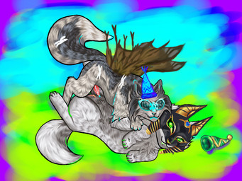 ambiguous_gender big_tail birthday blue_eyes bodily_fluids clothing cyan_background duo feral fur genital_fluids genitals gift green_background green_eyes hat headgear headwear insect_wings intersex intersex/intersex lepidopteran_wings mask multicolored_body multicolored_fur party_hat penetration precum purple_background realistic_fur saturated_colors simple_background tail vulva wings xiarothang arthropod butterfly canid canine canis fox hybrid insect lepidopteran mammal wolf 4:3