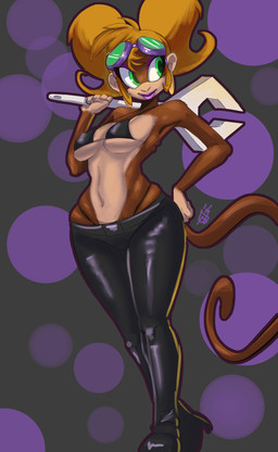 abstract_background anthro bikini bikini_top breasts clothing cosplay eyewear female goggles hair latex lipstick makeup mechanic orange_hair pigtails simple_background small_waist solo swimwear tools two-piece_swimsuit wide_hips wrench thehumancopier mario_bros nintendo yoshi's_island fan_character ukiki haplorhine mammal monkey primate absurd_res digital_media_(artwork) hi_res