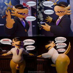 accessory angry anthro big_butt butt clothing coat desk dialogue feathers furniture genitals headgear headwear male necktie overweight overweight_anthro overweight_male penis presenting presenting_hindquarters smoking solo table thick_thighs topwear yellow_body sesame_bun a_hat_in_time the_conductor_(ahit) comic hi_res
