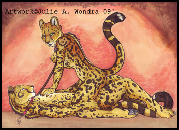 anthro anthro_on_anthro black_border blush border breasts collar copyright_symbol cowgirl_position dominant dominant_female duo eye_contact female from_front_position green_eyes intraspecies looking_at_another lying male male/female nipples nude on_back on_bottom on_top paws romantic romantic_couple sex simple_background straddling submissive submissive_male symbol tail blackfrost cheetah felid feline mammal marker_(artwork) mixed_media pen_(artwork) traditional_media_(artwork)