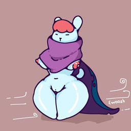 anthro breasts cape cape_only clothing female genitals green_body hair huge_hips medium_breasts mostly_nude orange_hair simple_background solo standing tail thick_thighs vulva wide_hips wind shay_the_bunny hashi_bleu bear mammal 1:1 hi_res