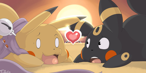 beach detailed_background duo ear_markings facial_markings female feral fur head_markings heart_symbol male markings outside seaside sunset toony yellow_body yellow_fur conditional_dnp inkcookie insomniacovrlrd nintendo pokemon eeveelution generation_1_pokemon generation_2_pokemon mammal pikachu pokemon_(species) rodent umbreon 2:1