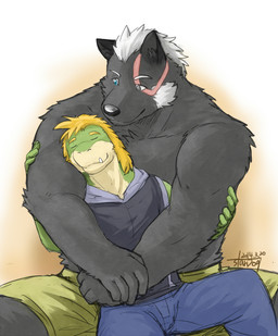 anthro biceps big_muscles black_body black_fur black_nose blind blue_eyes bottomwear claws clothed clothing disability duo eyes_closed fur green_body green_skin grey_eyes hair happy heterochromia hoodie hug hugging_another hugging_from_behind love male muscular muscular_male orange_hair romantic romantic_couple scar shirt shorts simple_background sitting size_difference smile topless topwear white_hair as40728 langley_faulkner victor_de_carne bear canid canine canis hybrid lizard mammal reptile scalie wolf 2014