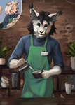 anthro apron black_hair blonde_hair blue_clothing blue_eyes blue_topwear clothed clothing container cup cutaway duo female front_view fur glistening glistening_eyes green_apron green_clothing hair holding_container holding_cup holding_mug holding_object inside male mouth_closed mug orange_body orange_eyes orange_fur plant plant_pot potted_plant standing topwear wall_(structure) whiskers white_body white_fur lostgoose canid felid mammal 2023 colored_sketch dated hi_res signature sketch