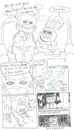 accessory anthro blush bodily_fluids chibi clothing duo eyes_closed facial_hair furniture heart_symbol hug male male/male mustache necktie shirt sitting slightly_chubby sneeze sofa sweat text topwear cubert animal_crossing nintendo beardo_(animal_crossing) gaston_(animal_crossing) bear lagomorph leporid mammal rabbit 2020 comic english_text hi_res