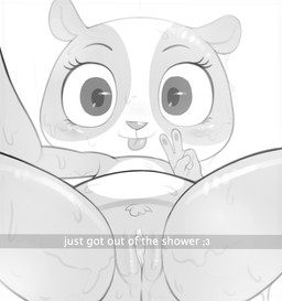 anthro bodily_fluids camera_view clitoral_hood clitoris close-up female genital_fluids genitals gesture hand_gesture loli looking_at_viewer nude selfie simple_background solo spread_legs spreading steam text tongue tongue_out v_sign vaginal_fluids vulva water wet white_background young young_anthro young_female kaboozey hasbro littlest_pet_shop littlest_pet_shop_(2012) snapchat penny_ling bear giant_panda mammal 2016 english_text monochrome